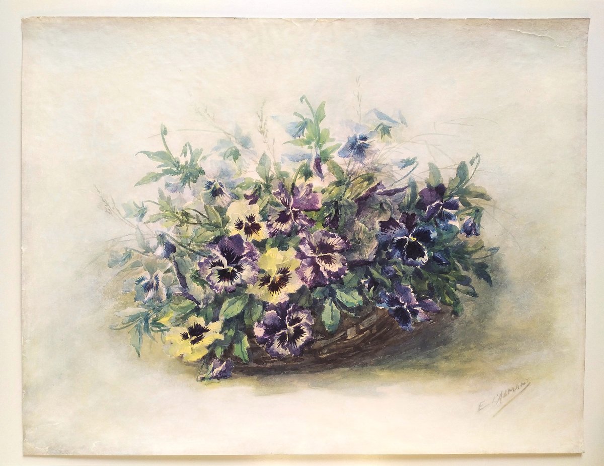 Watercolor Pansies Flowers By Eugène Marguerit Calmant 19th C-photo-2