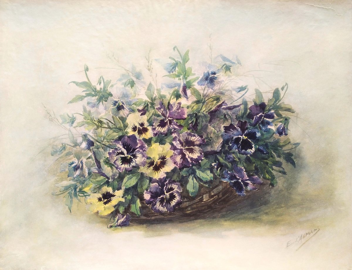 Watercolor Pansies Flowers By Eugène Marguerit Calmant 19th C-photo-3