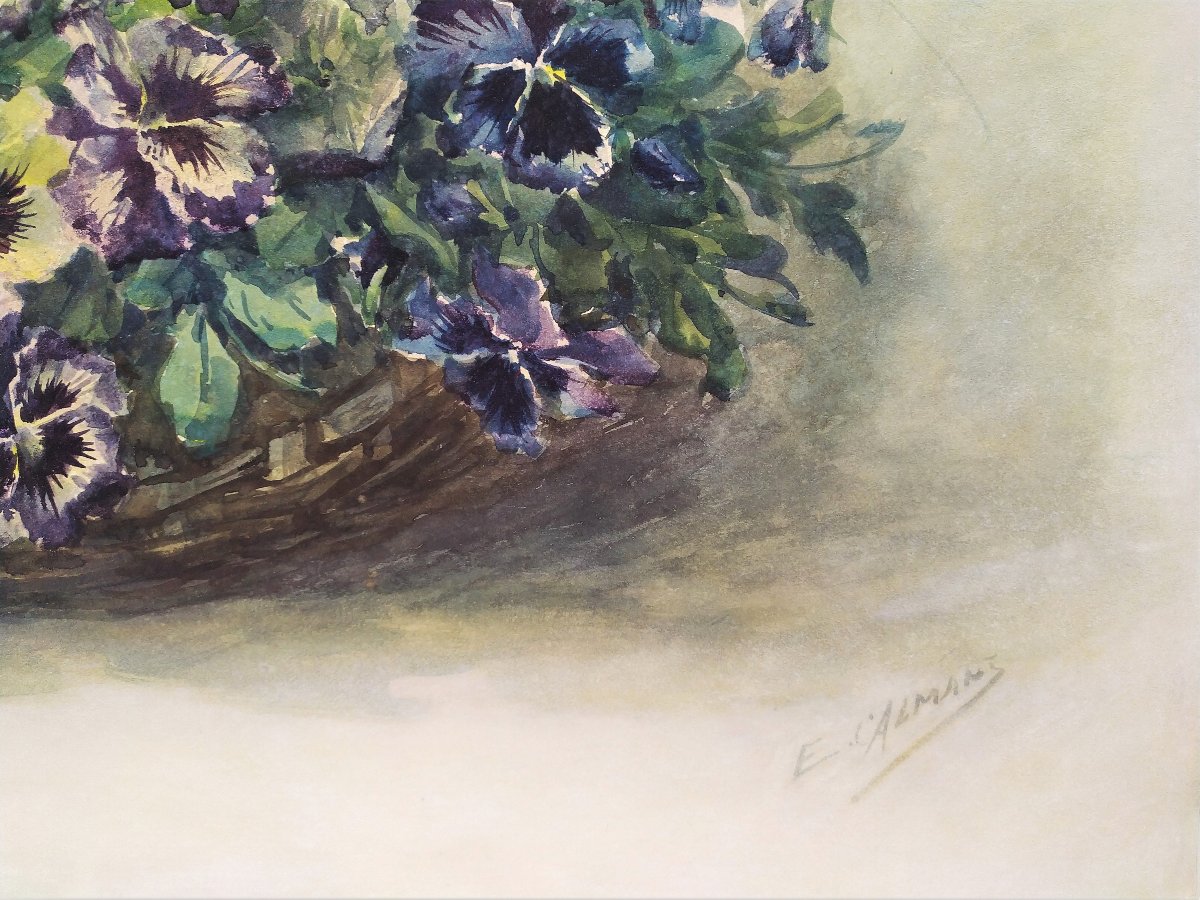 Watercolor Pansies Flowers By Eugène Marguerit Calmant 19th C-photo-4