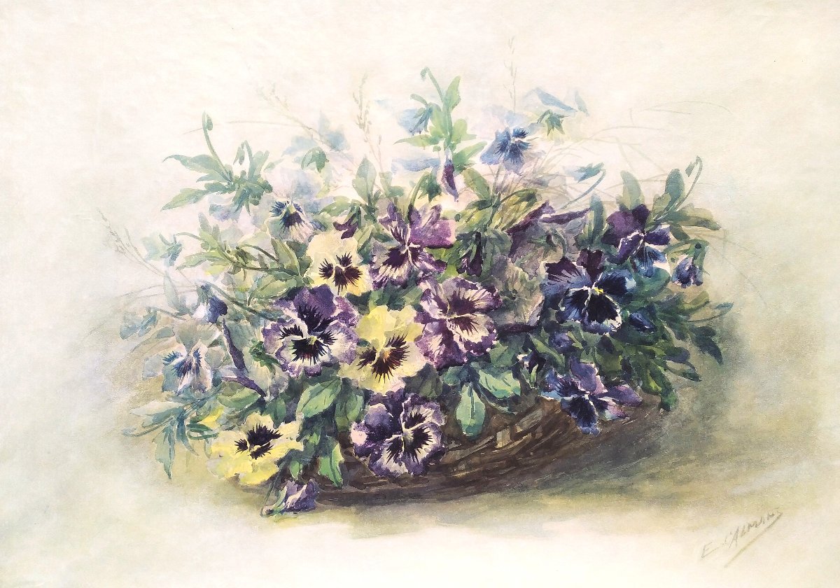 Watercolor Pansies Flowers By Eugène Marguerit Calmant 19th C-photo-1