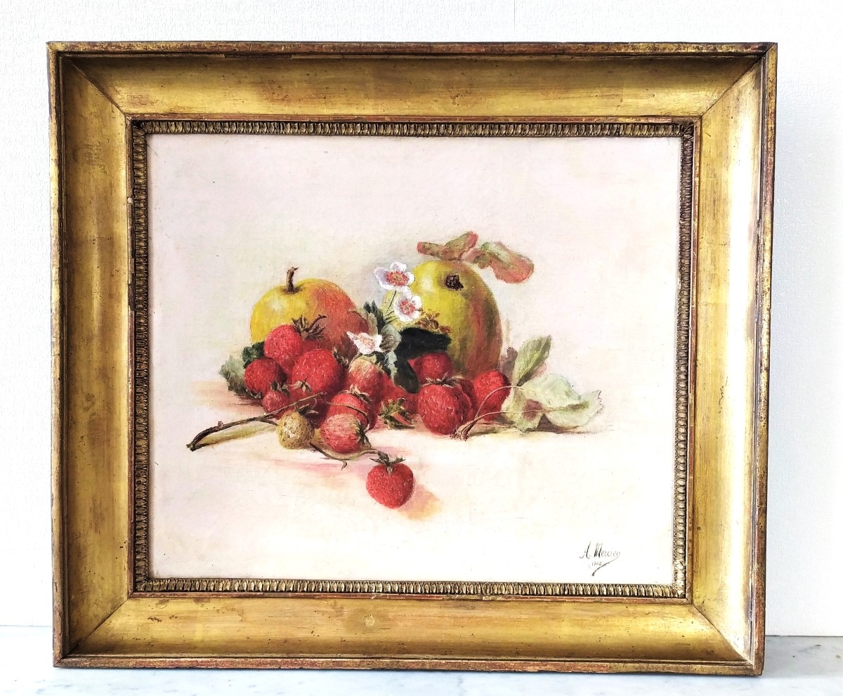 Tableau Huile Sur Toile Nature Morte Fraises et pommes par A. Mercier 1908-photo-3