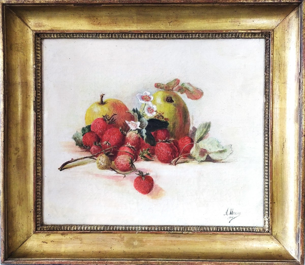 Tableau Huile Sur Toile Nature Morte Fraises et pommes par A. Mercier 1908
