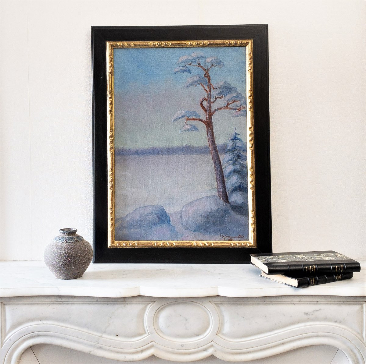 Paysage d'Hiver Tableau Huile Sur Toile Par G. Von Sparvenfält Peintre Suédois 20ème-photo-2