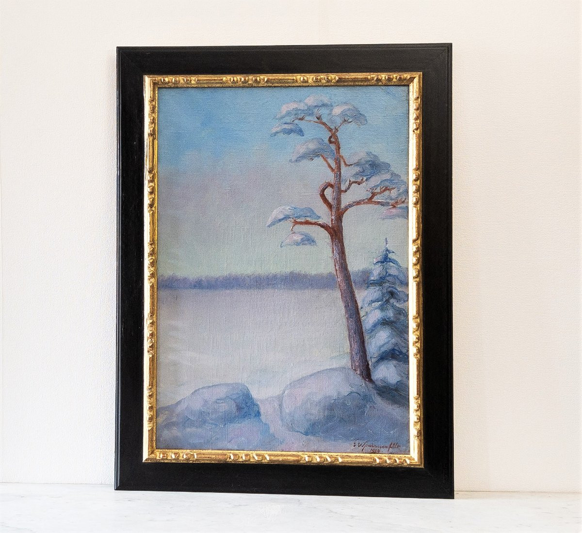 Paysage d'Hiver Tableau Huile Sur Toile Par G. Von Sparvenfält Peintre Suédois 20ème-photo-3