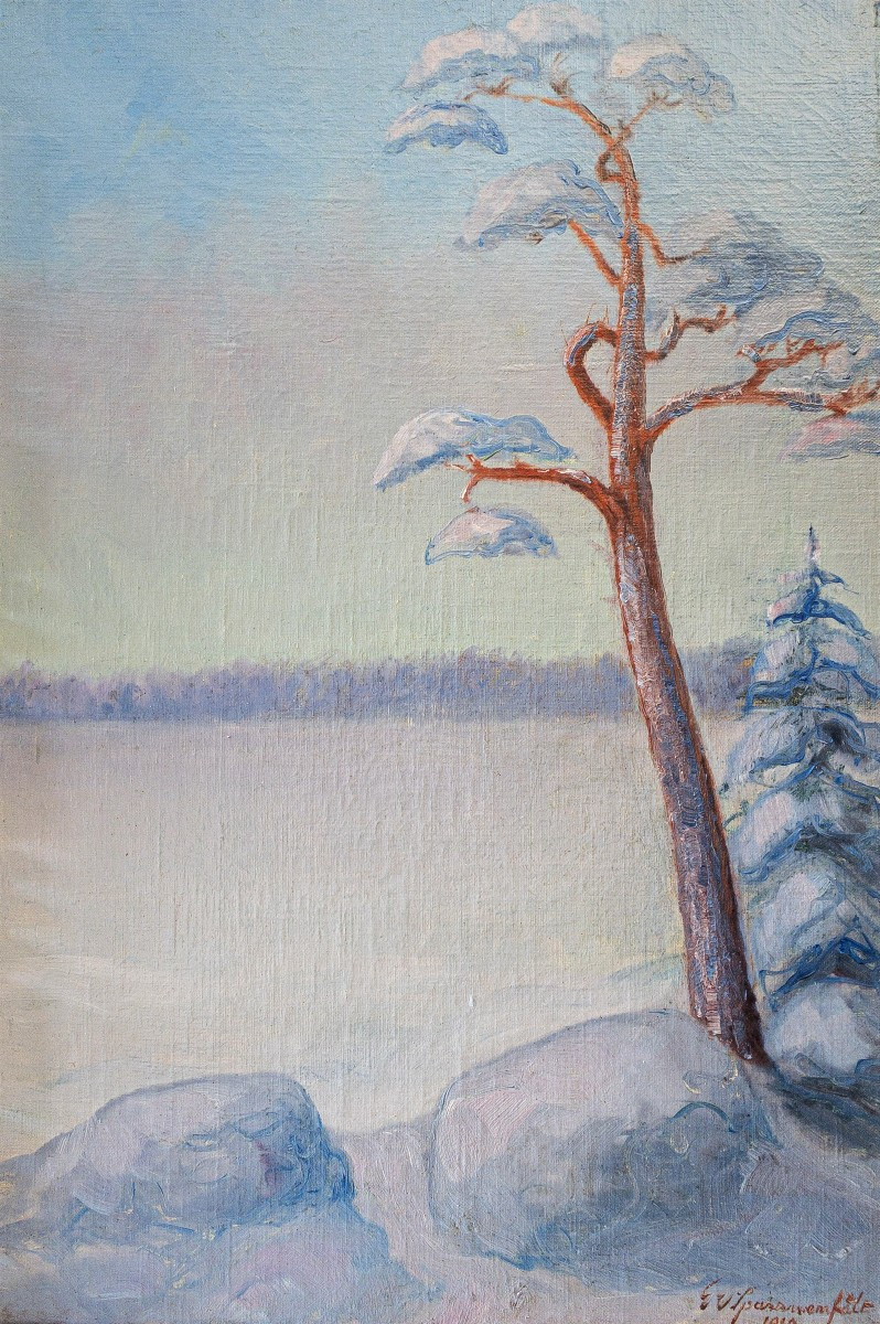 Paysage d'Hiver Tableau Huile Sur Toile Par G. Von Sparvenfält Peintre Suédois 20ème-photo-2