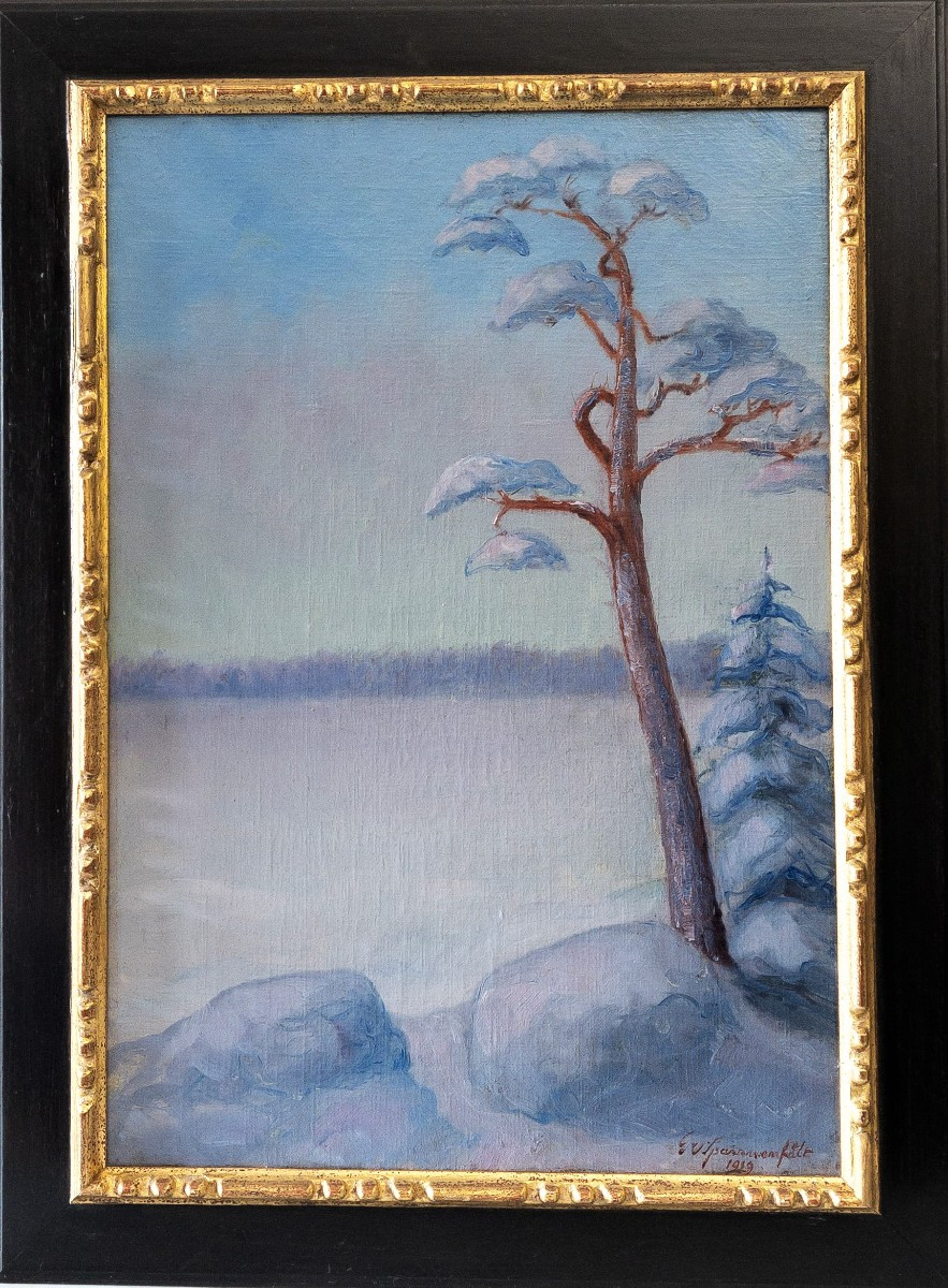 Paysage d'Hiver Tableau Huile Sur Toile Par G. Von Sparvenfält Peintre Suédois 20ème