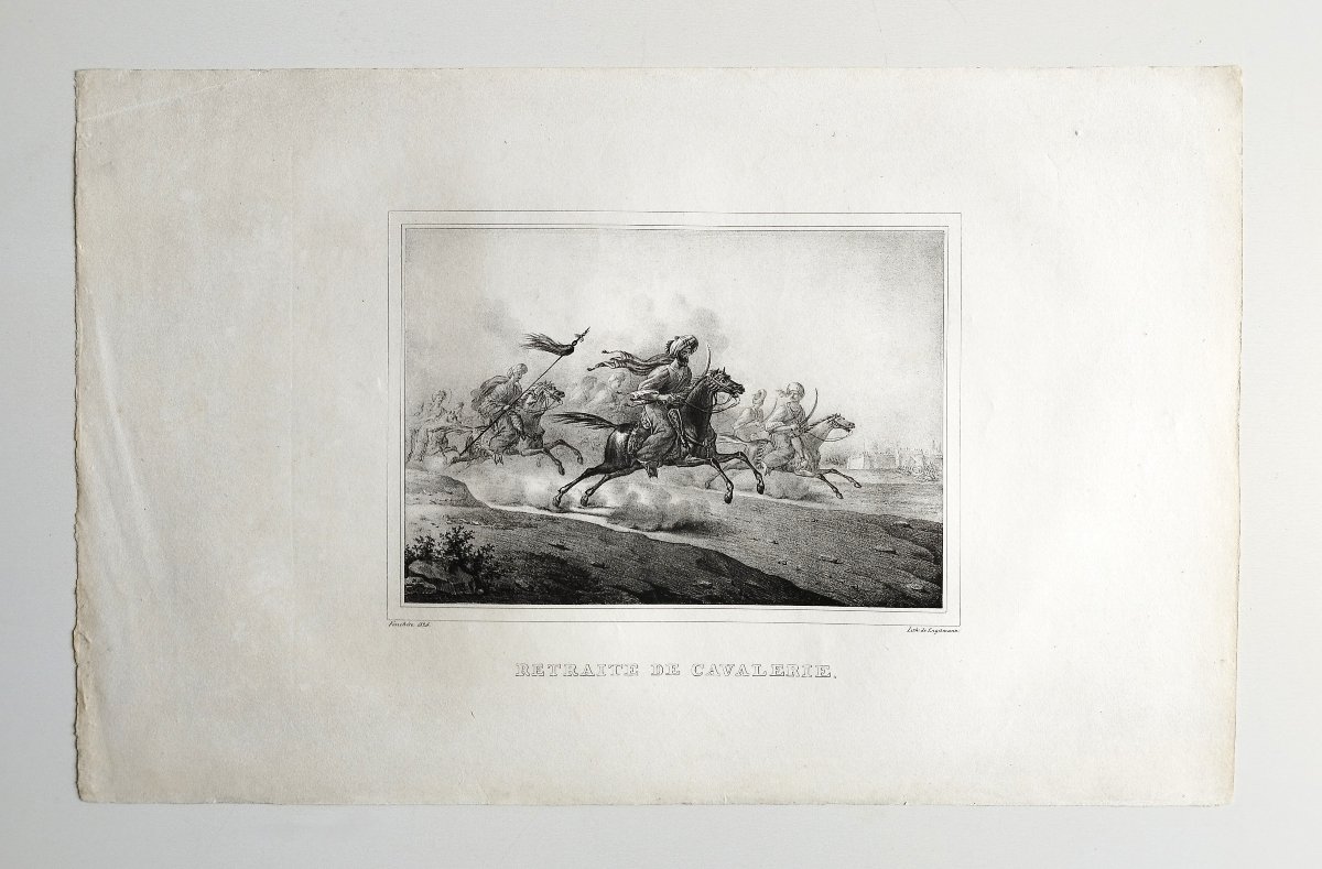 Lithographie orientaliste Ancienne Par Engelmann Retraite de cavalerie cheval arabe bataille-photo-2