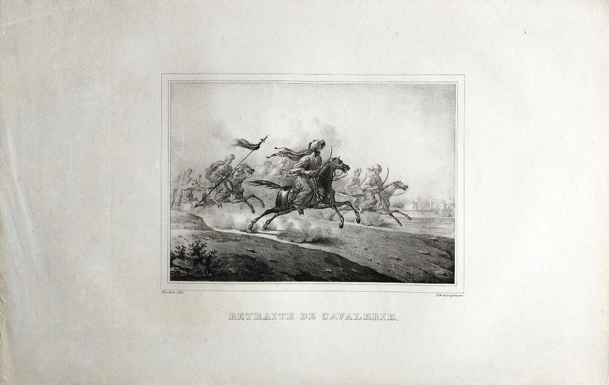 Lithographie orientaliste Ancienne Par Engelmann Retraite de cavalerie cheval arabe bataille-photo-3
