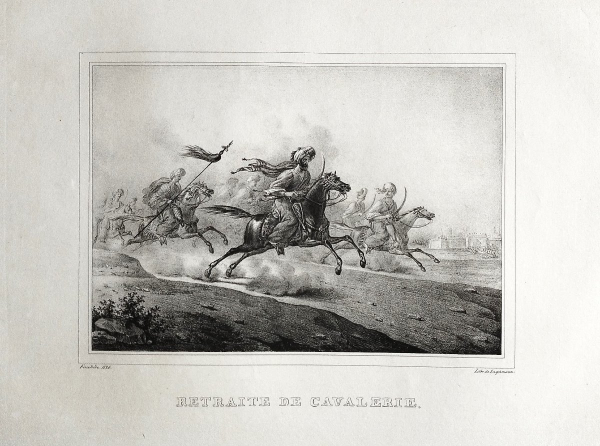 Lithographie orientaliste Ancienne Par Engelmann Retraite de cavalerie cheval arabe bataille-photo-4