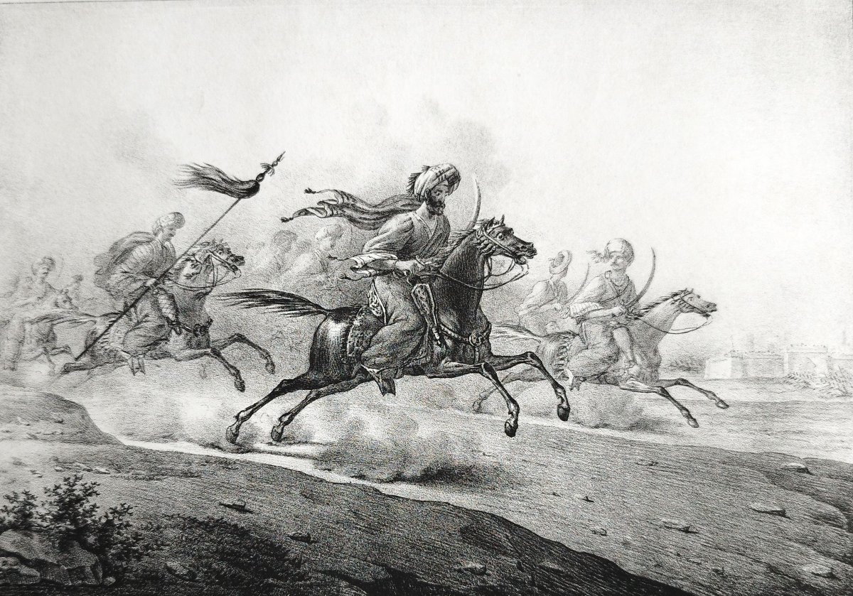 Lithographie orientaliste Ancienne Par Engelmann Retraite de cavalerie cheval arabe bataille-photo-1