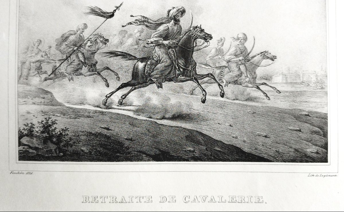 Lithographie orientaliste Ancienne Par Engelmann Retraite de cavalerie cheval arabe bataille-photo-2