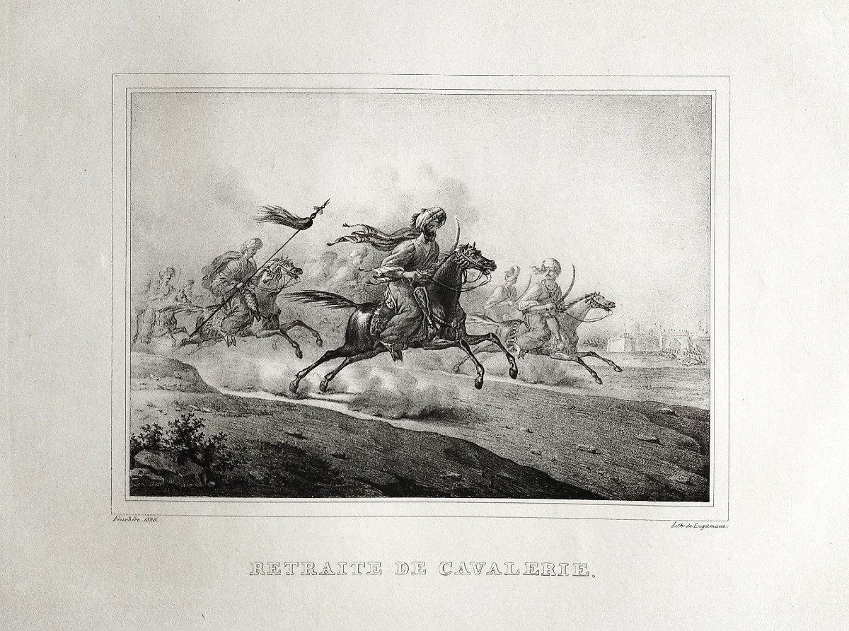 Lithographie orientaliste Ancienne Par Engelmann Retraite de cavalerie cheval arabe bataille