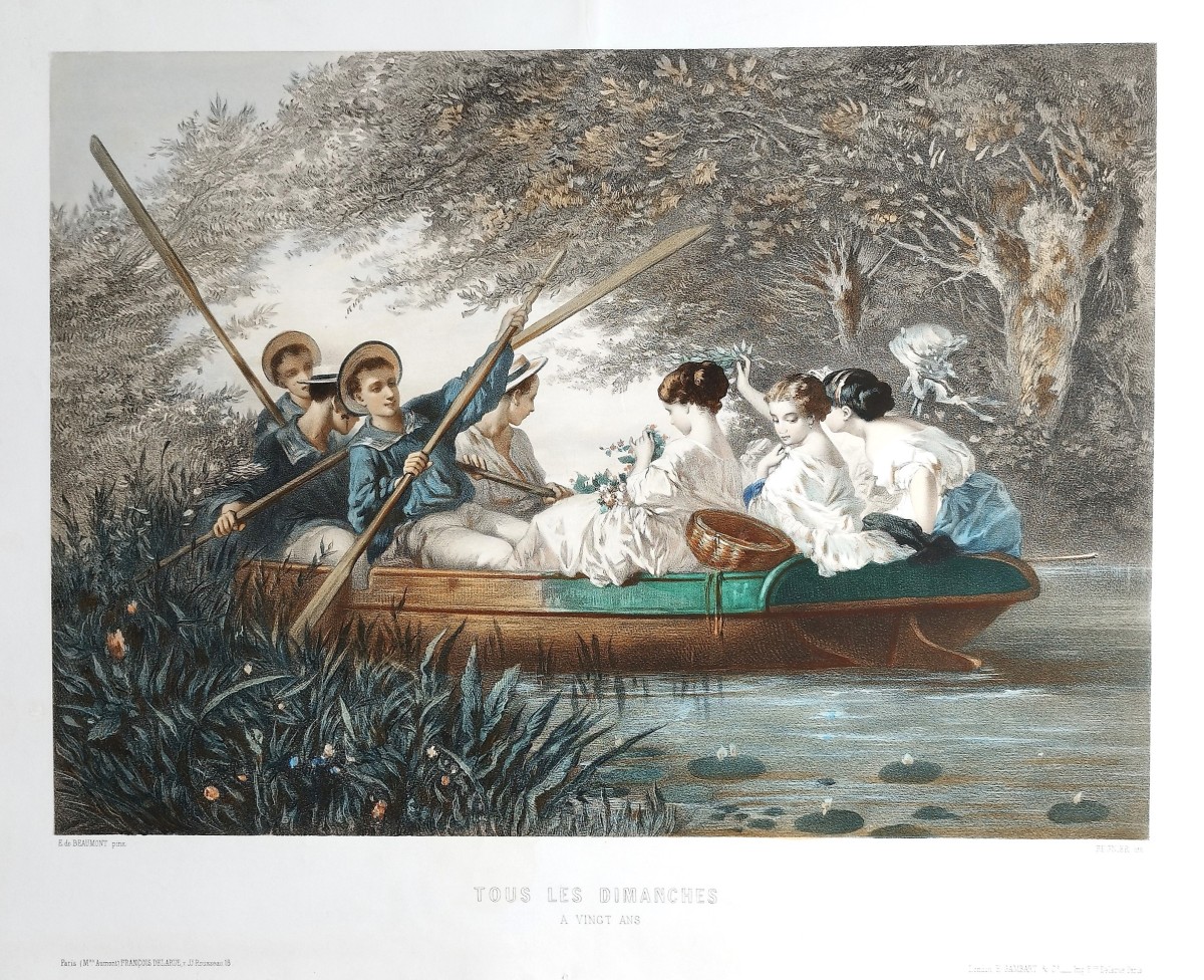 Romantic Watercolor Lithograph After Edouard De Beaumont Every Sunday 19th Century