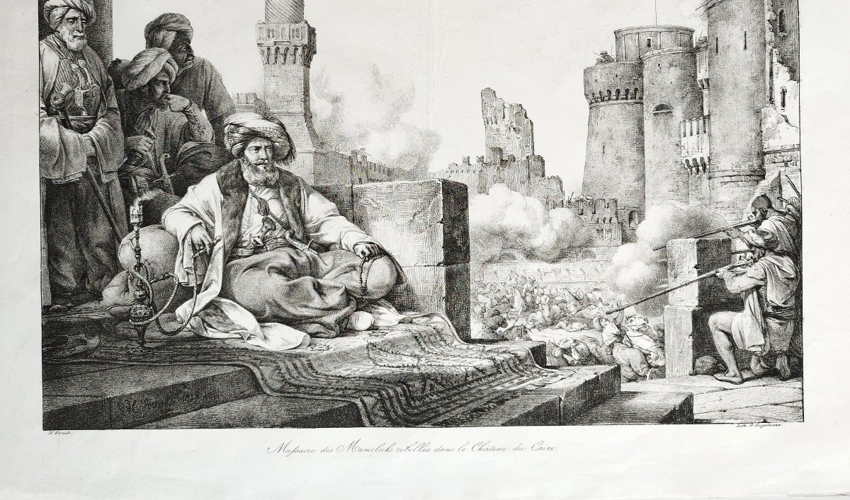Mameluks rebelles au Caire lithographie orientaliste par Engelmann d'après H. Vernet XIXème-photo-1