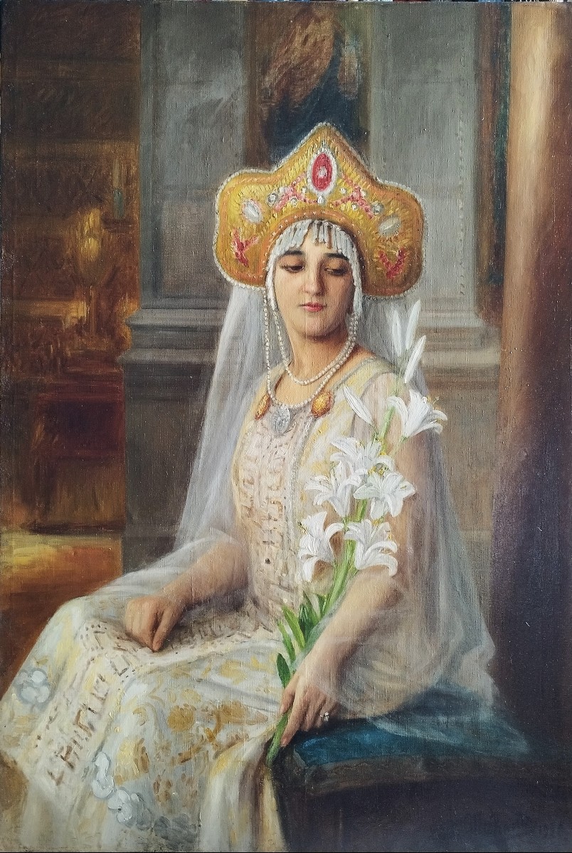 Portrait de la soprane Lydia Lipkowska  tableau huile sur toile par Léonie Michaud 20ème-photo-2