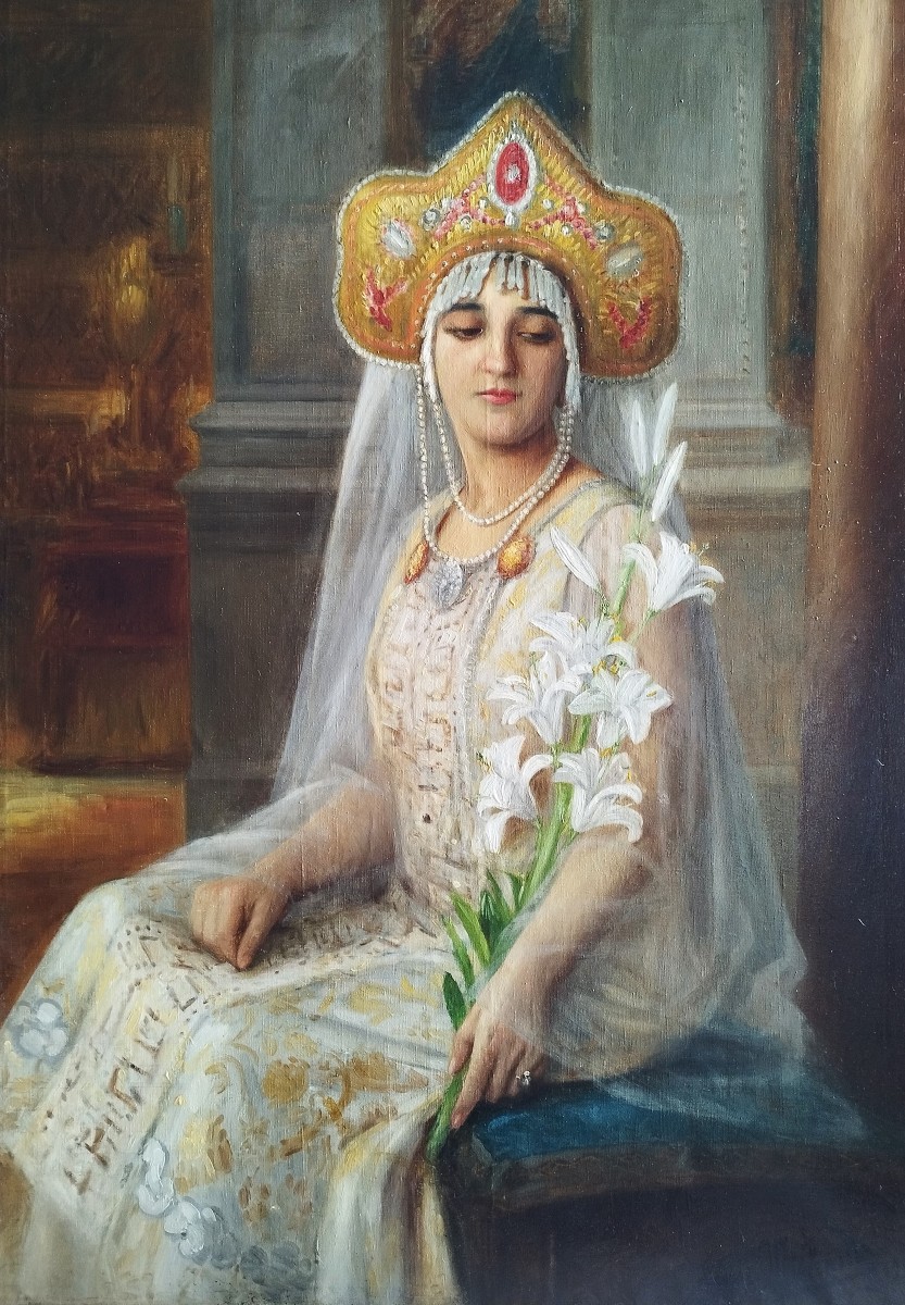 Portrait de la soprane Lydia Lipkowska  tableau huile sur toile par Léonie Michaud 20ème