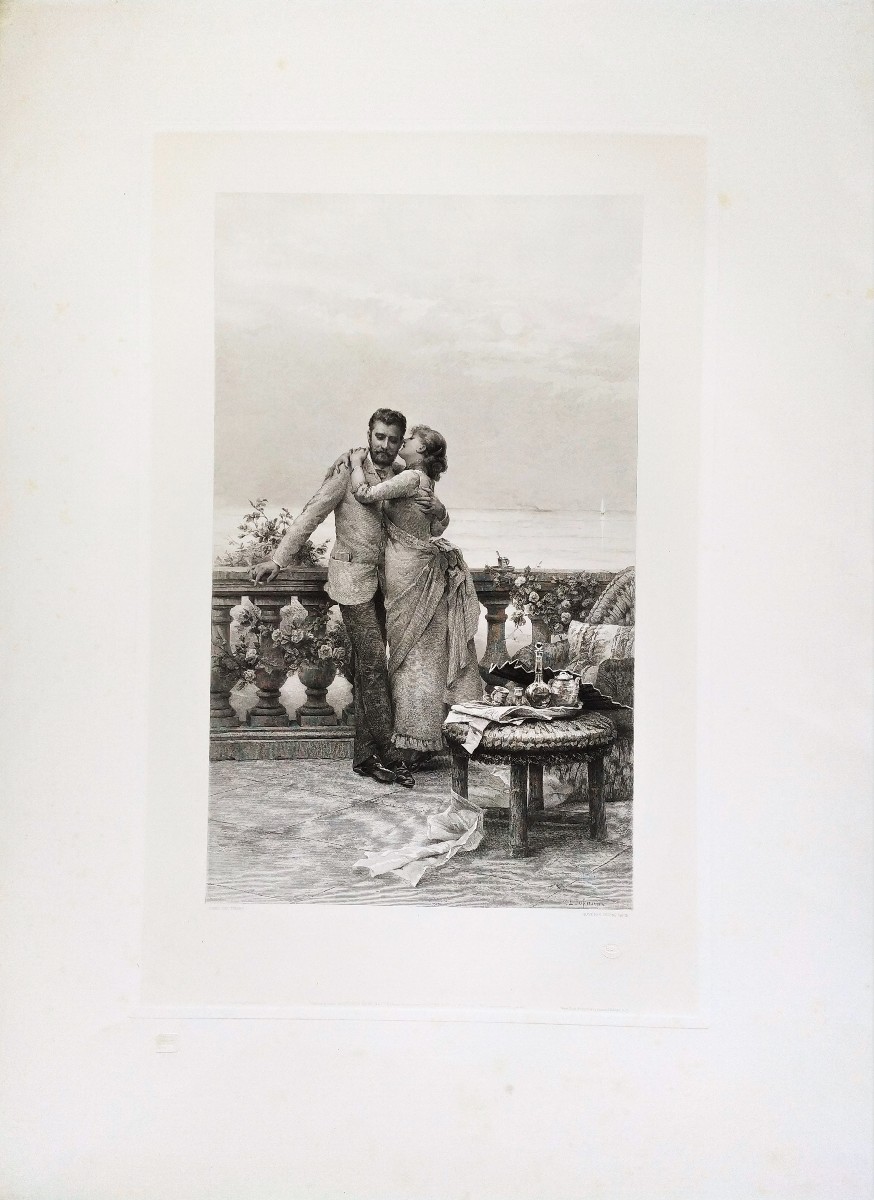 Etching Large Romantic Engraving After Tofano 19th C-photo-2