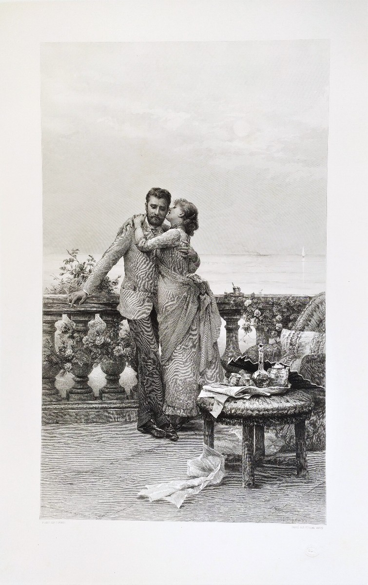 Etching Large Romantic Engraving After Tofano 19th C-photo-3