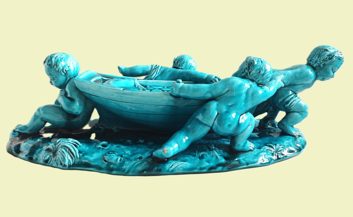 Delphin Massier Vallauris Blue Glazed Ceramic Putti Pulling A Boat-photo-4