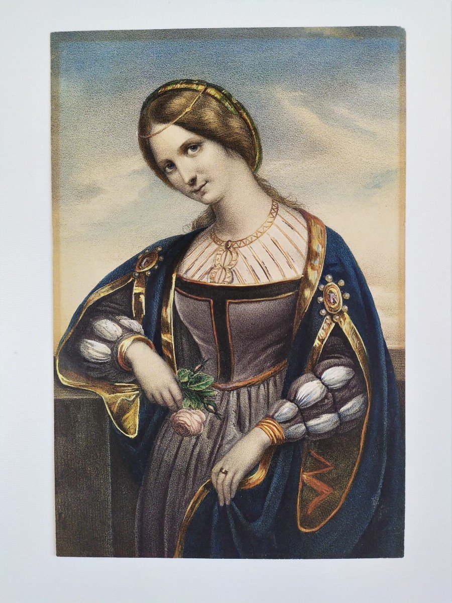 Watercolored Lithograph Portrait Of A Renaissance Lady 19thc-photo-2