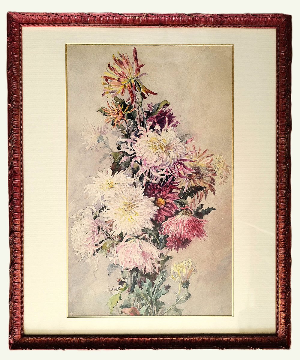 Chrysanthèmes Aquarelle par Eugène-Jules Eudes  20ème-photo-2