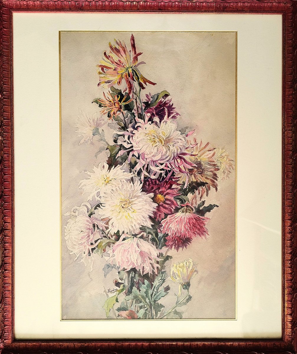 Chrysanthèmes Aquarelle par Eugène-Jules Eudes  20ème-photo-3