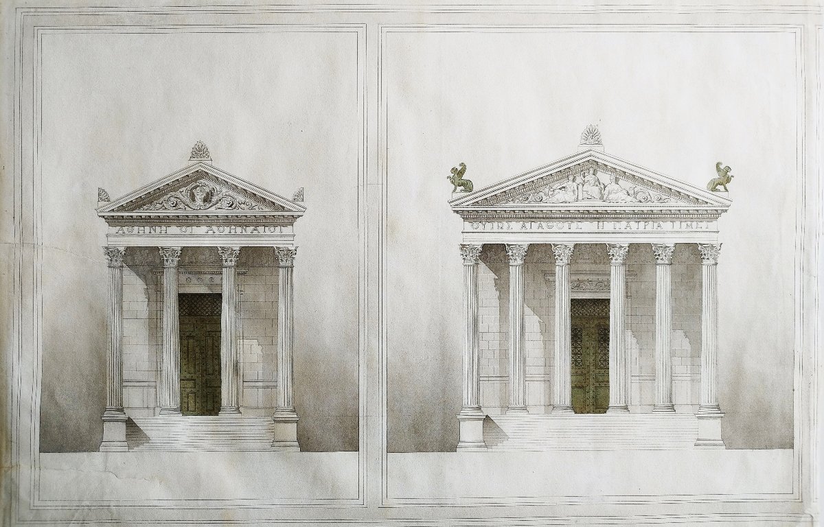 Deux grands dessins d'architecture temple grec lavis d'encre XIXème-photo-2
