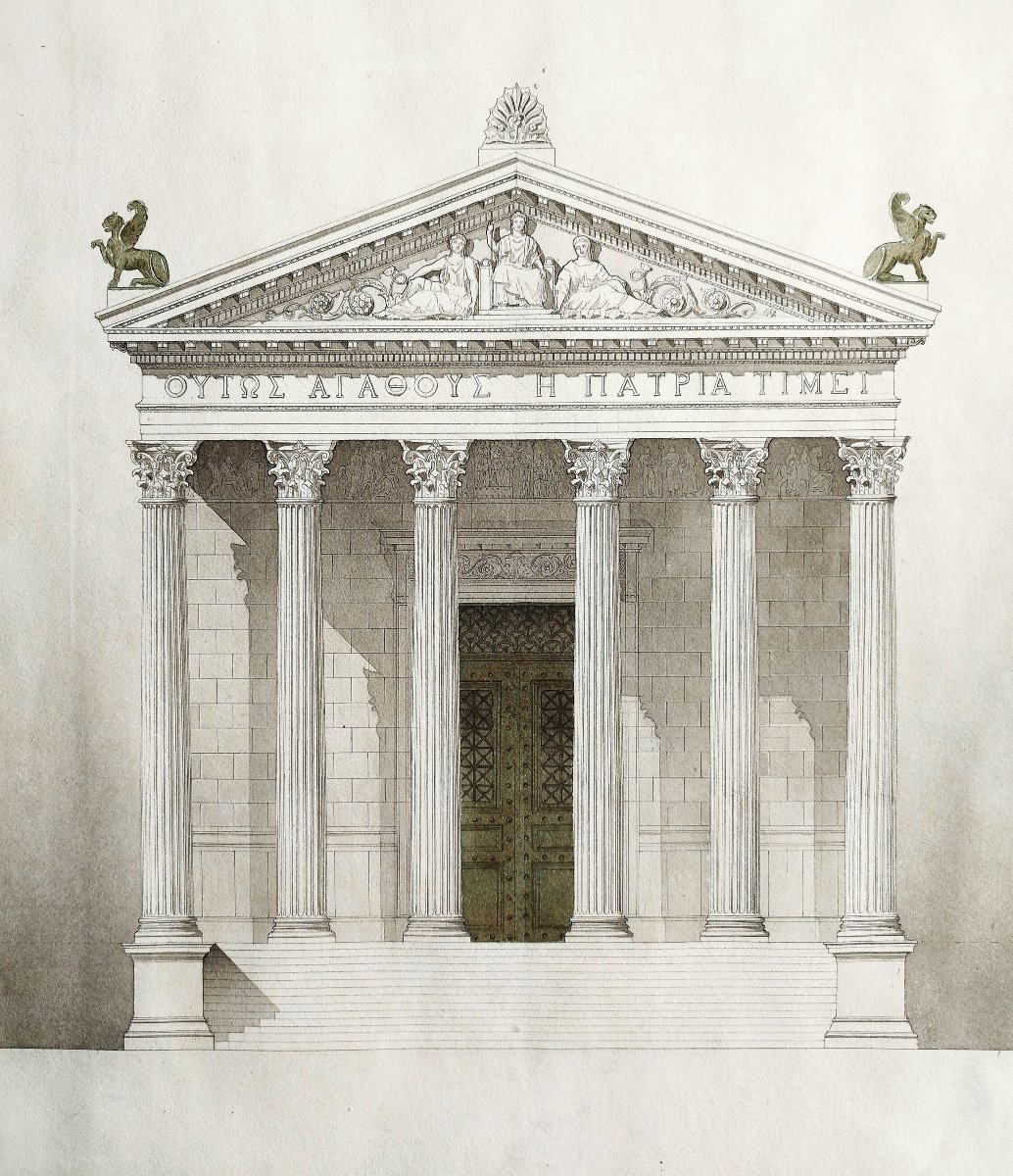 Deux grands dessins d'architecture temple grec lavis d'encre XIXème-photo-3