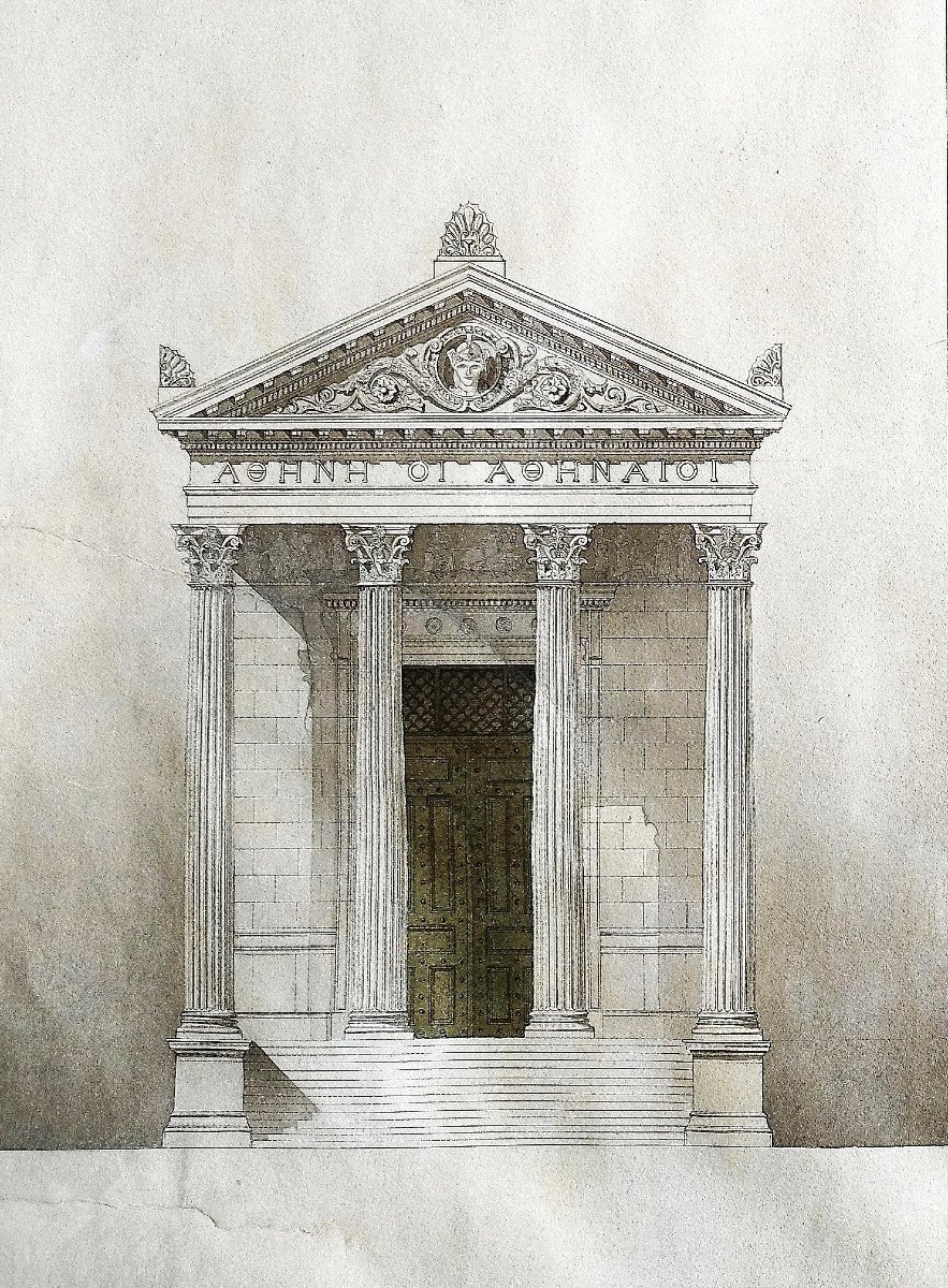 Deux grands dessins d'architecture temple grec lavis d'encre XIXème-photo-4