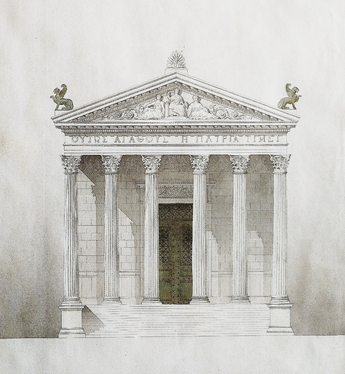 Deux grands dessins d'architecture temple grec lavis d'encre XIXème-photo-1