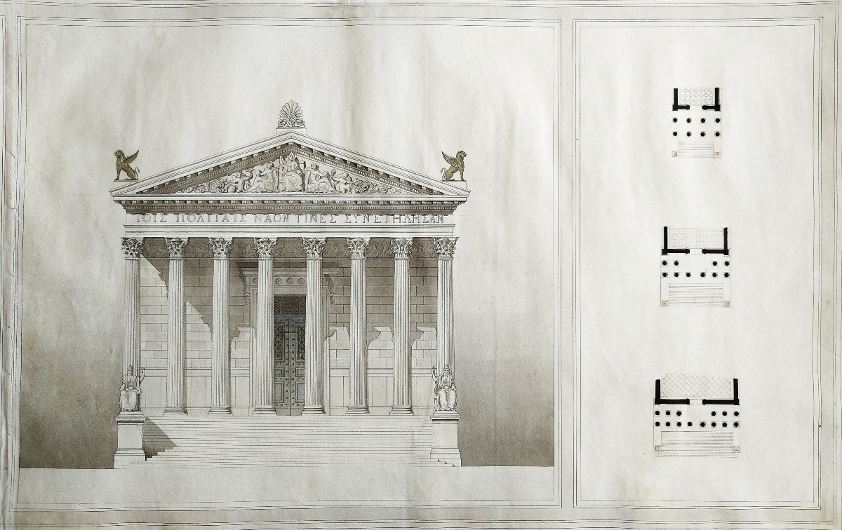 Deux grands dessins d'architecture temple grec lavis d'encre XIXème