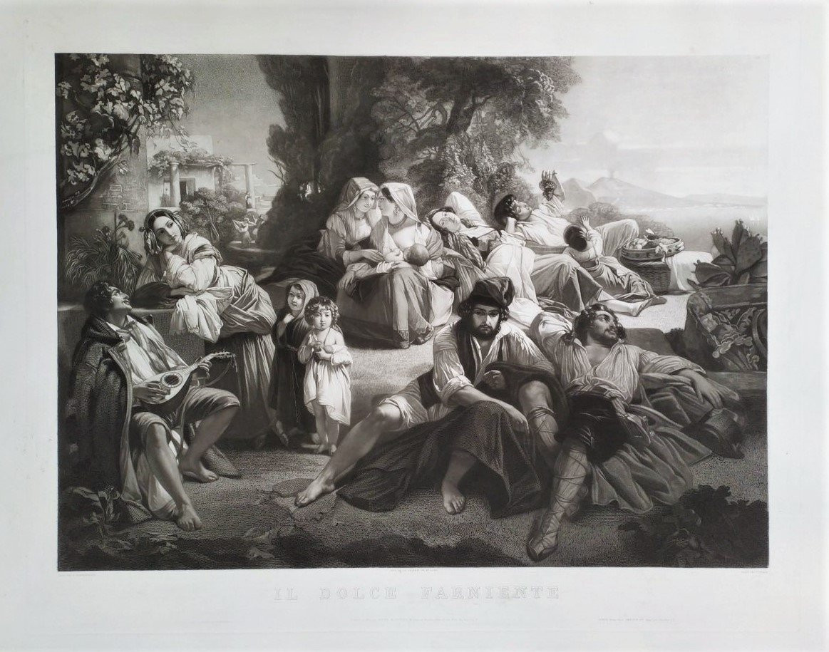 Etching Italian Scene Large Engraving After Winterhalter 19th C Old Print-photo-2