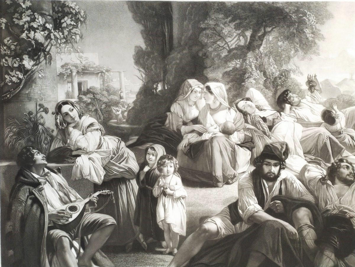 Etching Italian Scene Large Engraving After Winterhalter 19th C Old Print-photo-3