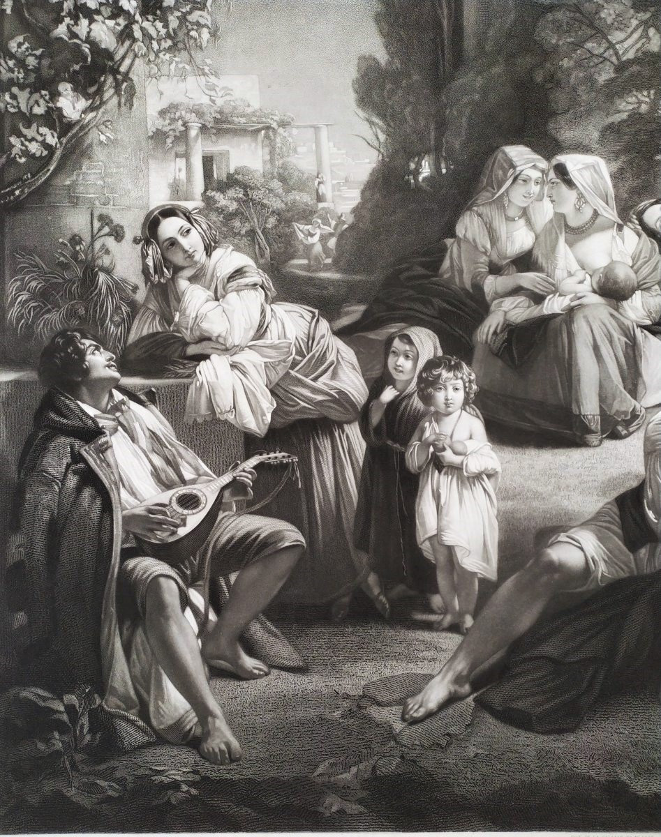 Etching Italian Scene Large Engraving After Winterhalter 19th C Old Print-photo-1