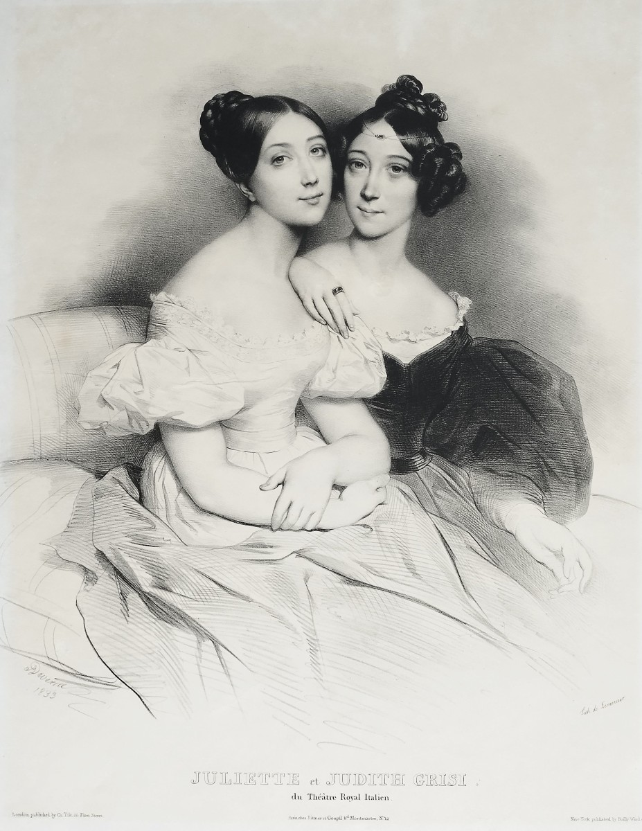 Lithographie d'Après Deveria Portrait Des Cantatrices Juliette Et Judith Grisi 19ème
