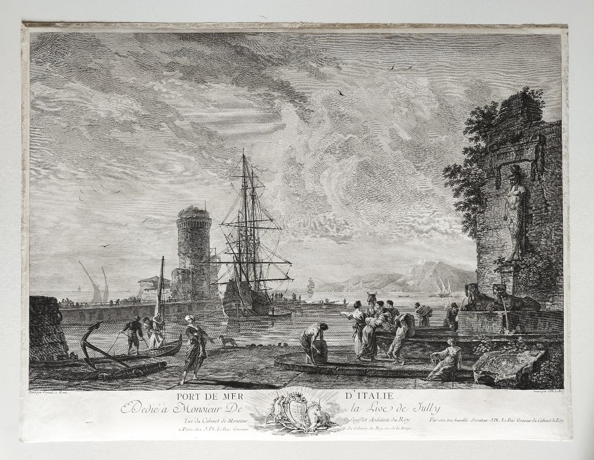 Port de mer en Italie gravure marine par Jacques-Philippe Le Bas d'après Joseph Vernet 18ème-photo-2