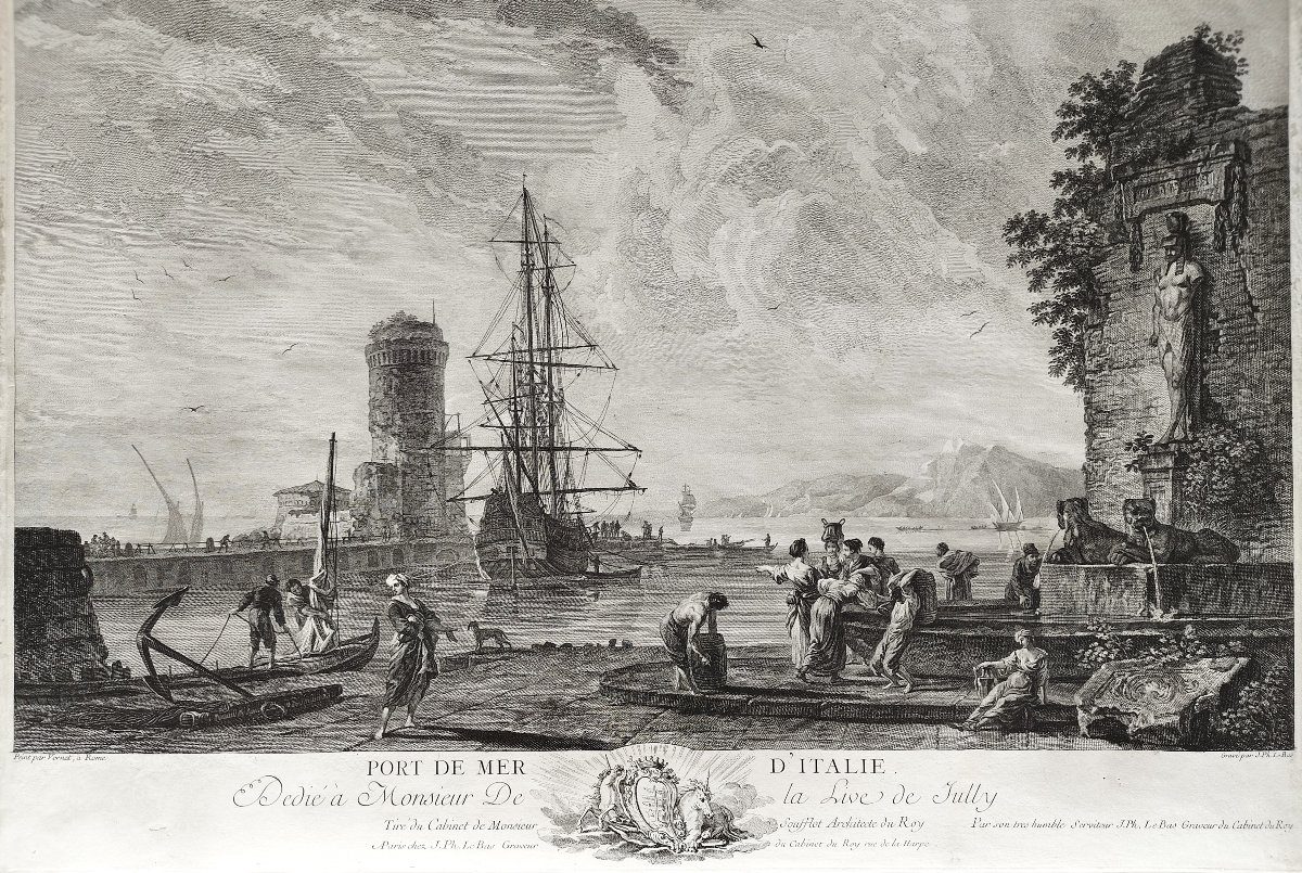 Port de mer en Italie gravure marine par Jacques-Philippe Le Bas d'après Joseph Vernet 18ème-photo-4