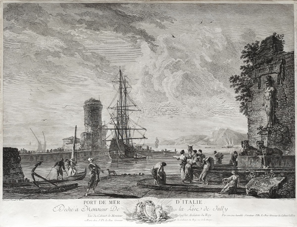 Port de mer en Italie gravure marine par Jacques-Philippe Le Bas d'après Joseph Vernet 18ème