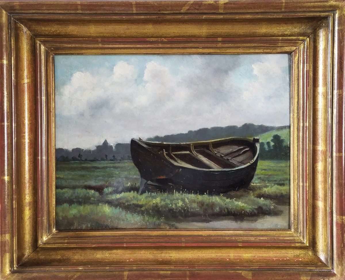 Paysage Normandie à La Barque Pré salé Tableau Huile 19ème-photo-4