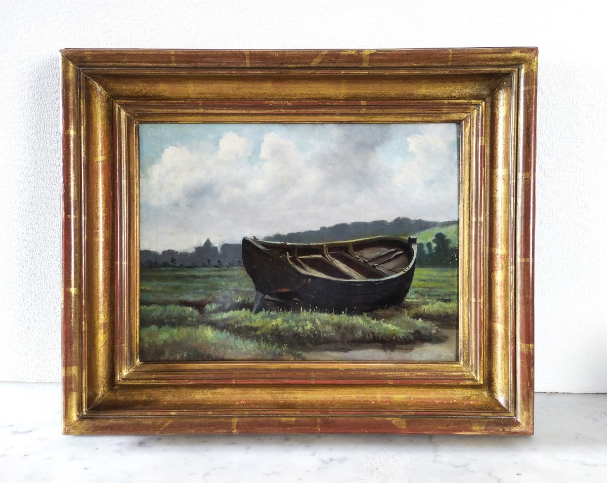 Paysage Normandie à La Barque Pré salé Tableau Huile 19ème