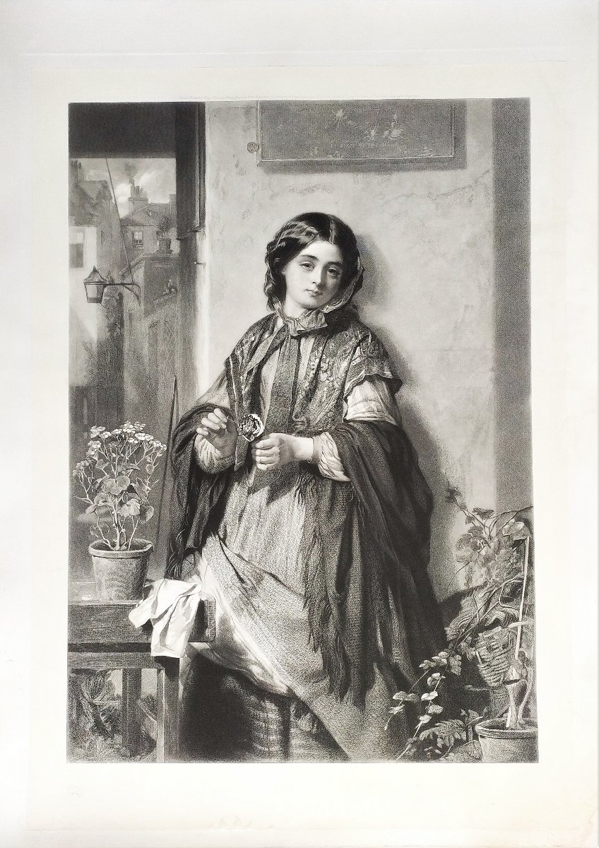 Engraving Saleswoman Of Flowers In London After Thomas Faed Etchibg 19th C Portrait Old Print-photo-2