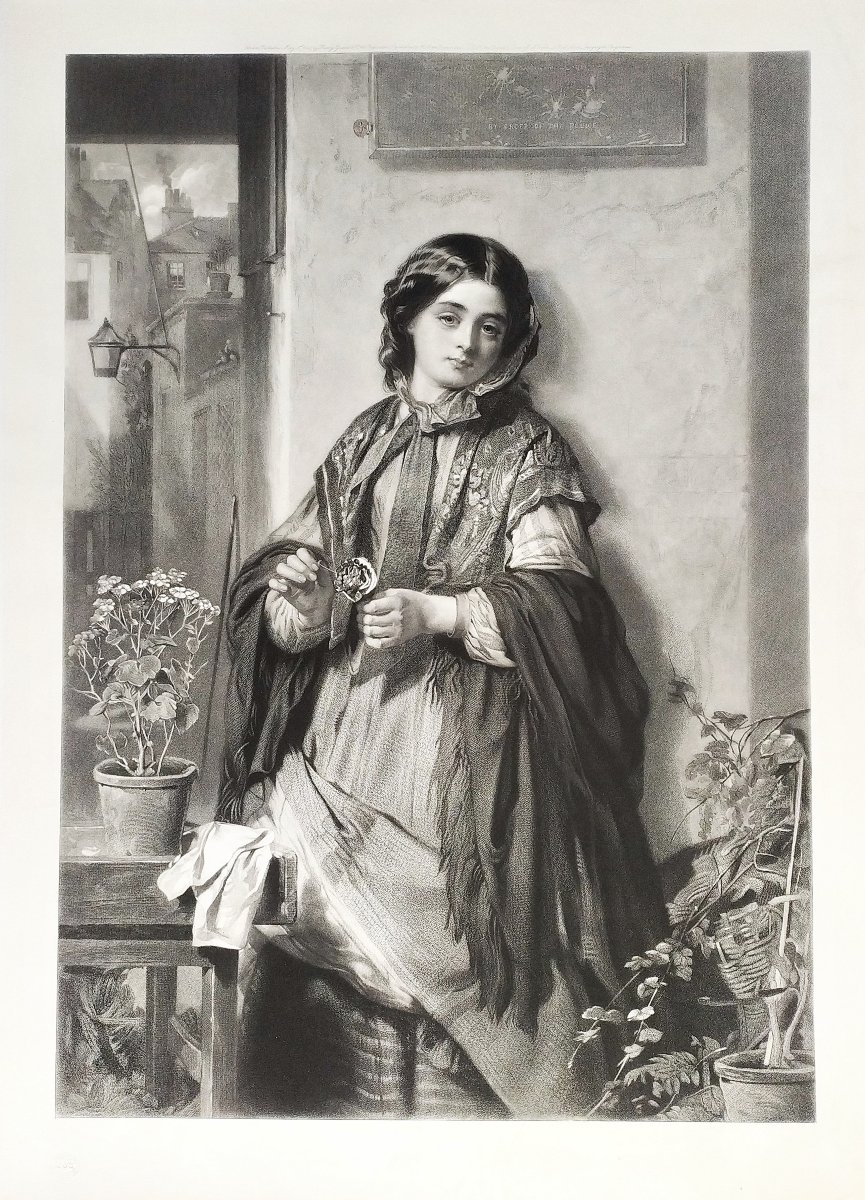 Engraving Saleswoman Of Flowers In London After Thomas Faed Etchibg 19th C Portrait Old Print-photo-3