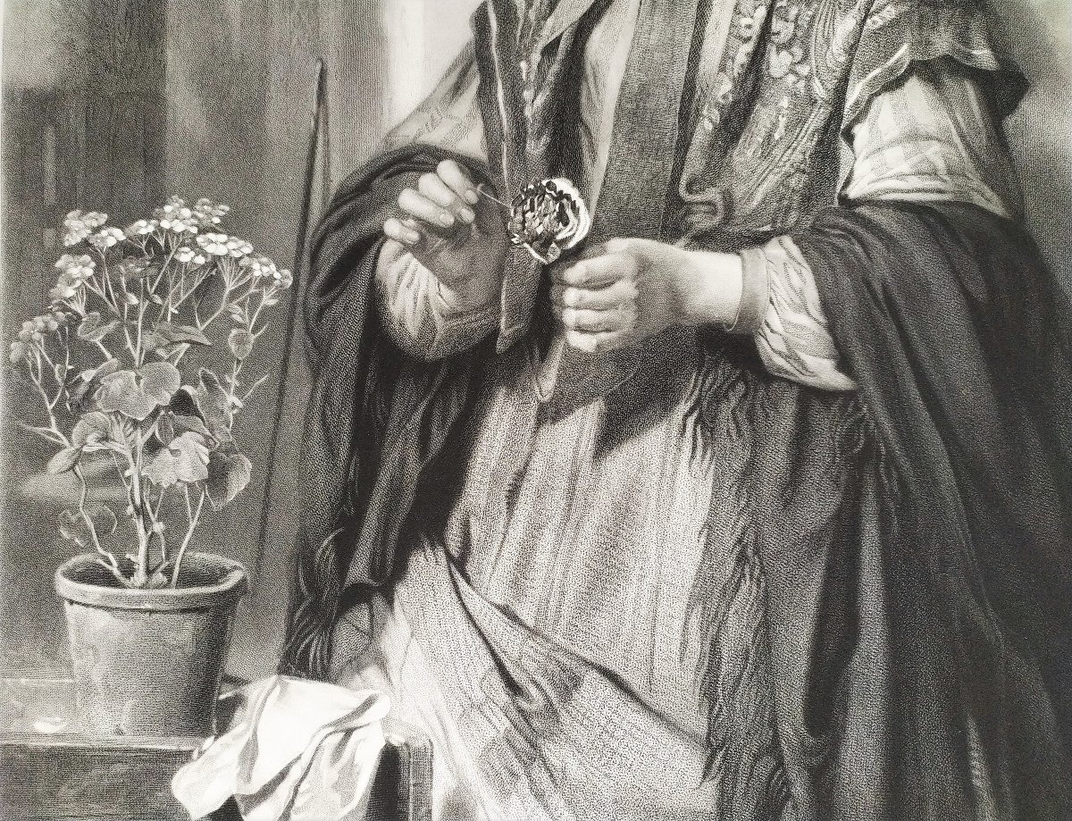 Engraving Saleswoman Of Flowers In London After Thomas Faed Etchibg 19th C Portrait Old Print-photo-4