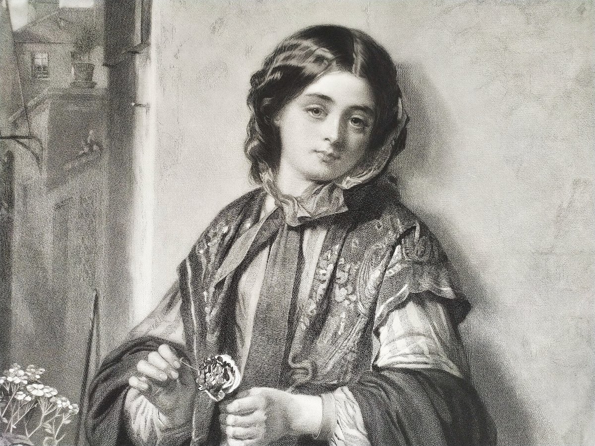 Engraving Saleswoman Of Flowers In London After Thomas Faed Etchibg 19th C Portrait Old Print-photo-5