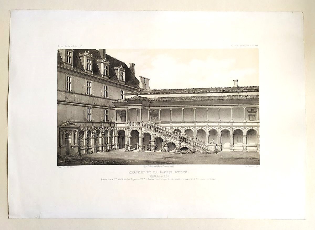   Architecture Lithograph By Victor Petit French Castle La Bastie-d'urfé 19th C Old Print-photo-2