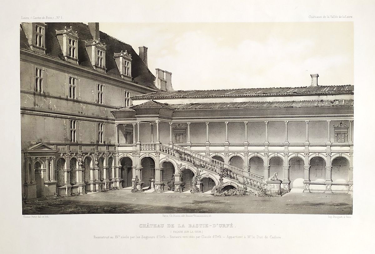   Architecture Lithograph By Victor Petit French Castle La Bastie-d'urfé 19th C Old Print-photo-3