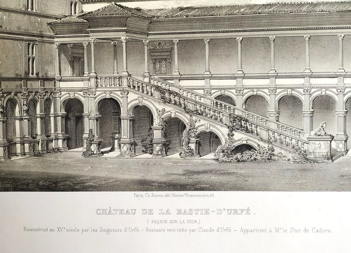   Architecture Lithograph By Victor Petit French Castle La Bastie-d'urfé 19th C Old Print-photo-1