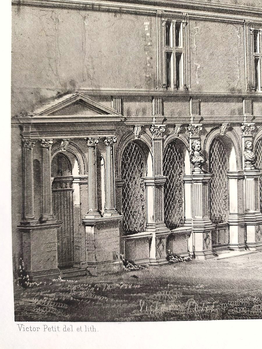   Architecture Lithograph By Victor Petit French Castle La Bastie-d'urfé 19th C Old Print-photo-2