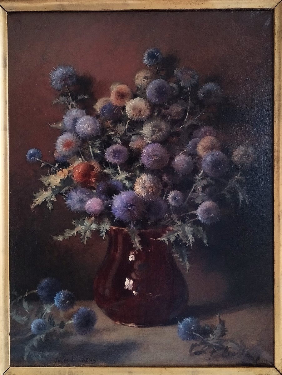 Still Life Oil Painting Bouquet Of Thistles  Flowers By Jules Laurens 19th C-photo-2