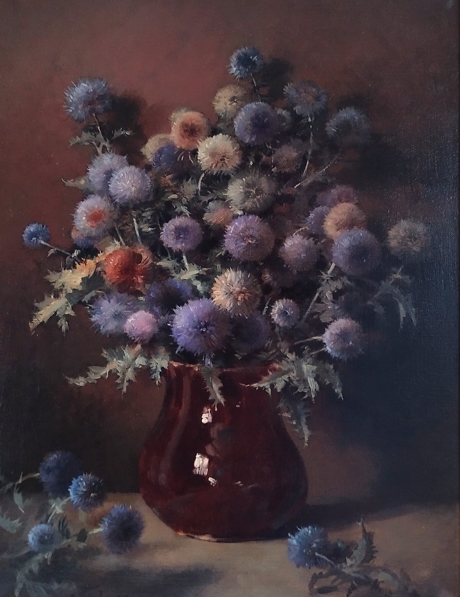 Still Life Oil Painting Bouquet Of Thistles  Flowers By Jules Laurens 19th C-photo-4